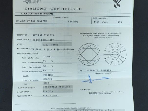 Diamant de 0,30 ct sur papier, taille ronde brillant, H-IF.  Avec son 