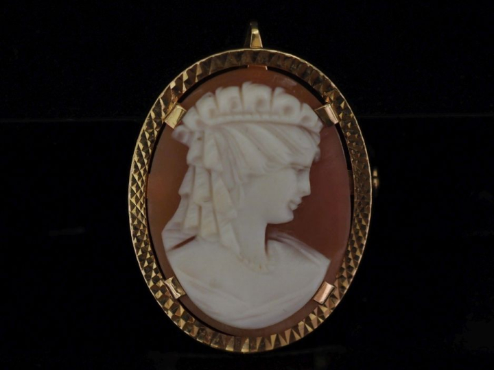 Broche/pendentif en or jaune 750, sertie en son centre d'une camée fig