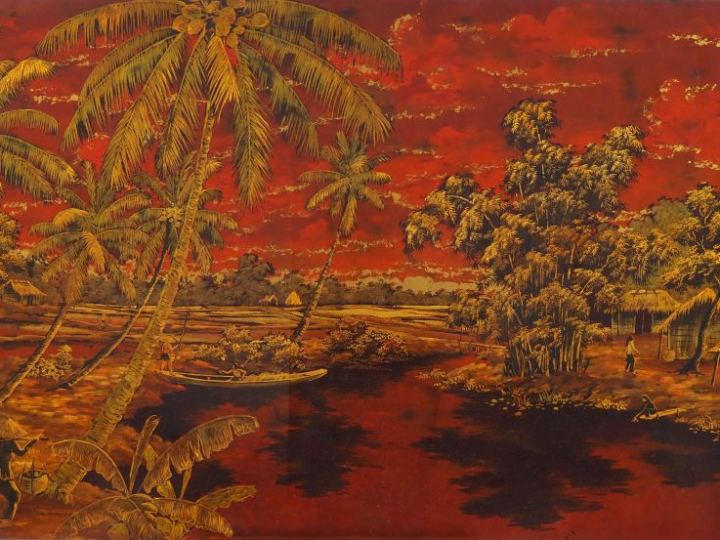 HOANG NGOC. Vietnam Xxe siècle, Important panneau en laque à décor rou
