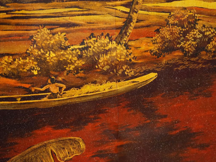 HOANG NGOC. Vietnam Xxe siècle, Important panneau en laque à décor rou