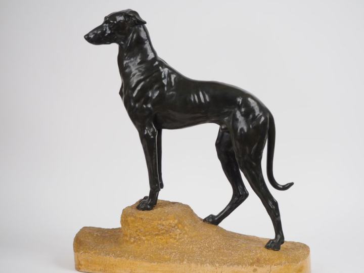 MASSON.  "le lévrier".  Grande sculpture en bronze à patine brune sur 