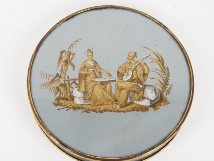 Boite Restauration en carton maché et fixé sous verre à décor de chino