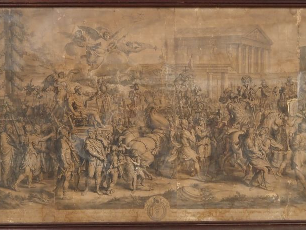 Grande gravure XVIIème d'après Charles Lebrun. Dim. 73 x 167 cm. (Mauv