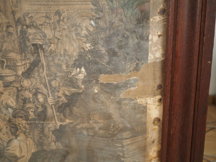 Grande gravure XVIIème d'après Charles Lebrun. Dim. 73 x 167 cm. (Mauv