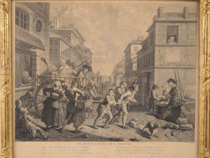 4 gravures de style Louis XVI dans des cadres à baguettes dorées "la p