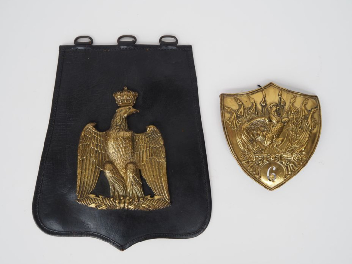 Ensemble comprenant :  -Plaque de sabretache du 6 hussard. Époque Mona