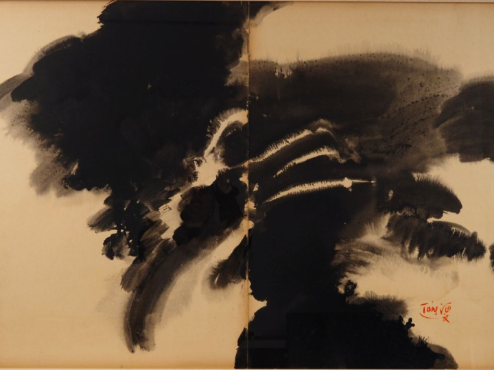 T'ANG HAYWEN. "Composition en dyptique" Gouache sur papier signée à dr