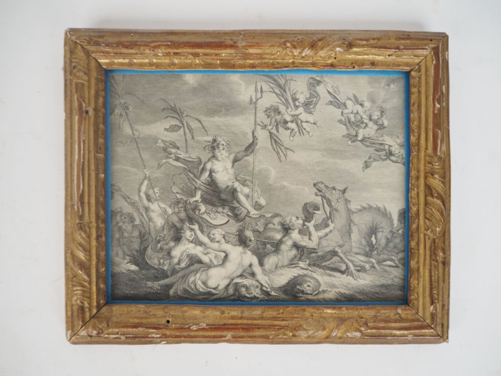 Gravure ancienne dans un cadre en bois doré, "Poséidon sur son char". 