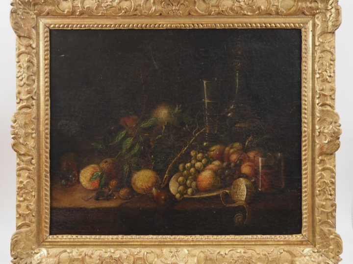 Ecole française dans le gout du XVIIème. "Nature morte aux fruits". Hu