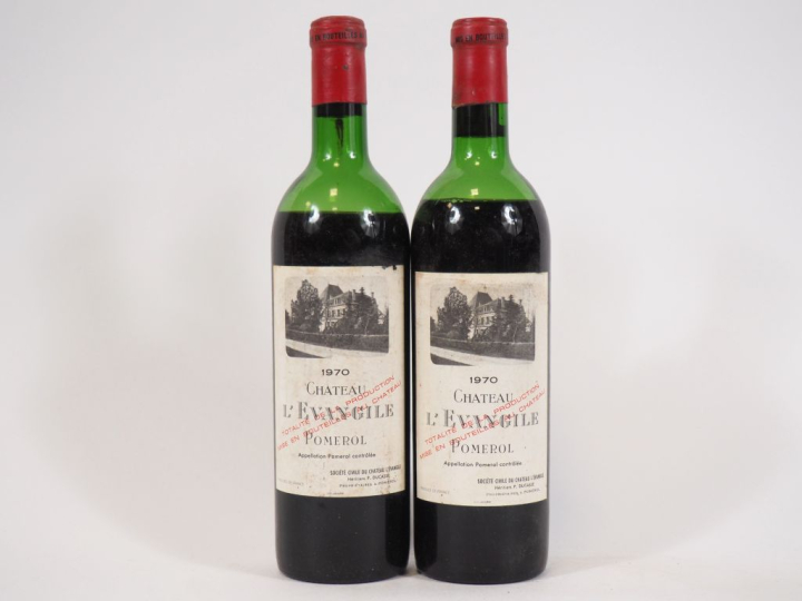 2 BOUTEILLES CHÂTEAU L'EVANGILE POMEROL - 1970 - 1 BEP/1 VIDANGE/BOUCH
