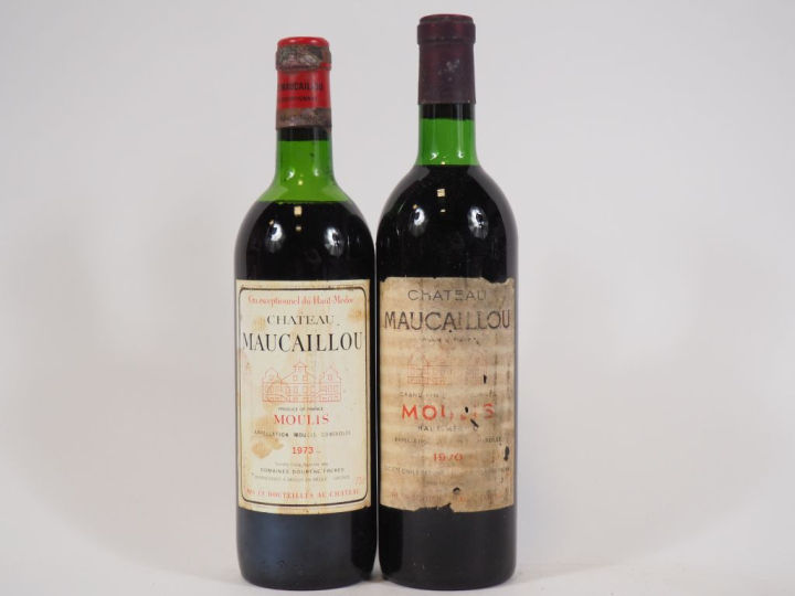 2 BOUTEILLES CHÂTEAU MAUCAILLOU MOULIS : 1 de 1970 BG/ETA - 1 de 1973 