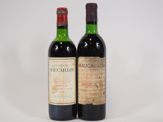 Vente aux enchères 2 BOUTEILLES CHÂTEAU MAUCAILLOU MOULIS : 1 de 1970 BG/ETA - 1 de 1973 