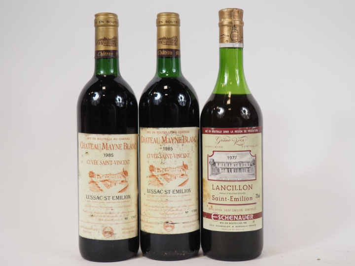 3 BOUTEILLES : 2 CHÂTEAU MAYNE BLANC LUSSAC ST EMILION 1985 LB/ETA - 1