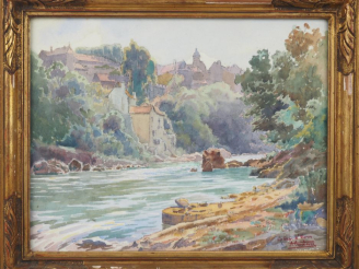 Vente aux enchères A. CASABONNE.  "Le Gave à Oloron" Aquarelle, signée en bas à droite Di
