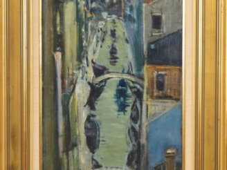 Vente aux enchères A. CHABERT.  "Venise, canal St Barnabé" Huile sur toile, signée en bas
