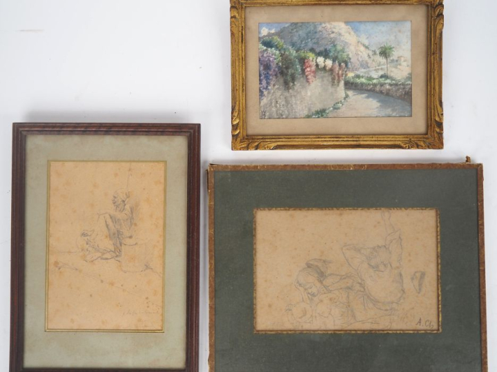 A. CHÂTEAU.  "la fin du travail à Alger"  Dessin au crayon, signé et t