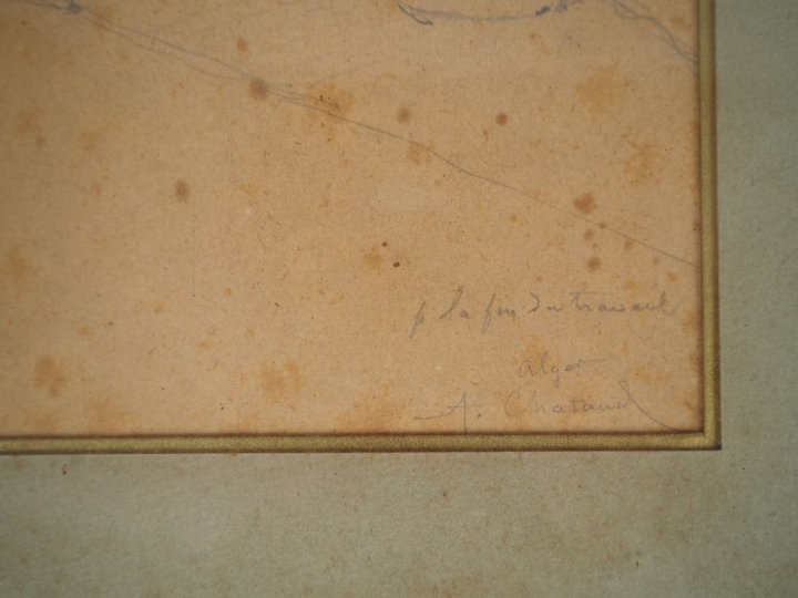 A. CHÂTEAU.  "la fin du travail à Alger"  Dessin au crayon, signé et t