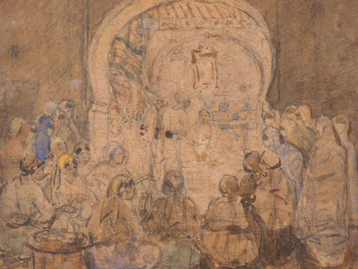 A. CHÂTEAU. "Réunion dans le souk"  Aquarelle, monogrammée en bas à dr