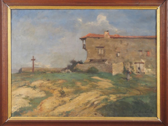 Vente aux enchères Gustave COLIN.  "Paysan devant la ferme" Huile sur toile, signée en ba