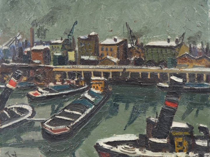 Jean COUTY.  "Péniches" Huile sur toile, signée en bas à gauche Dim.45