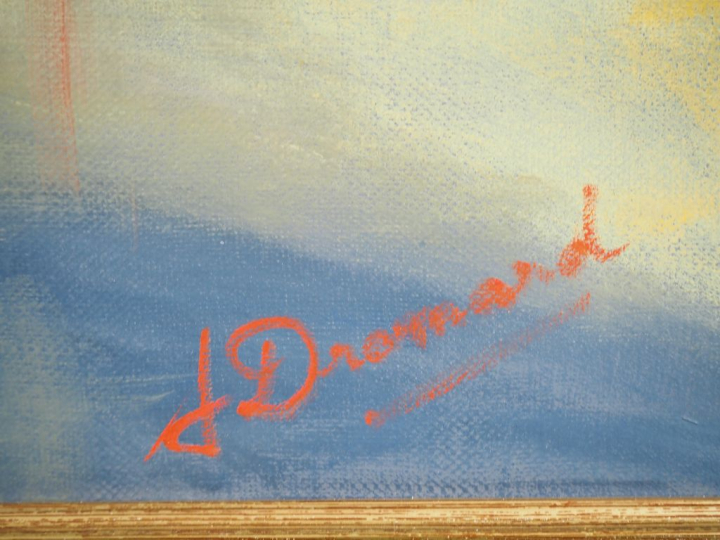 DROMARD.  "ville animée et ensoleillée" Huile sur toile, signée en bas