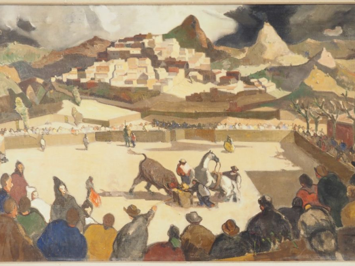 Rafael DURANCAMPS.  "Scène de Corrida" Huile sur toile, signée au dos 