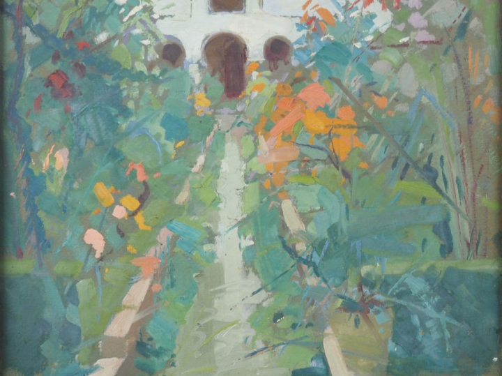 Rafael DURANCAMPS "jardin fleuri dans le sud de l'Espagne" Huile sur p