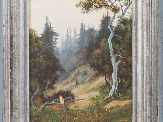 FARJHAS. "le grand duc dans la forêt" Huile sur panneau, signée en bas