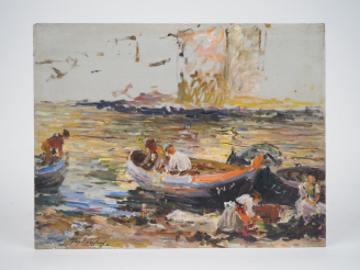 Vente aux enchères Julien Gustave GAGLIARDINI.  "Pêcheurs et barques" Huile sur panneau, 