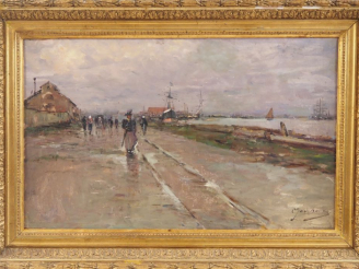 Vente aux enchères GODCHAUX.  "port et jetée animée" Huile sur toile, signée en bas à dro