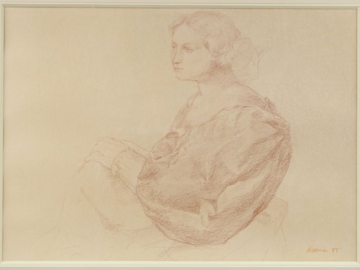 GREUNIER.  "Portrait de jeune femme mélancolique" Dessin au fusain sig