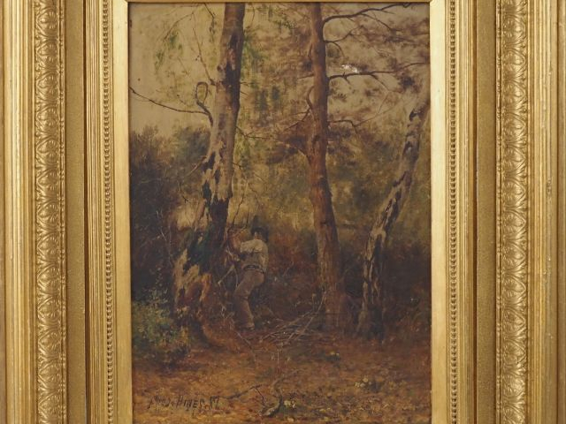 Frederick HINES.  "Birches" Huile sur toile, signée en bas à gauche et