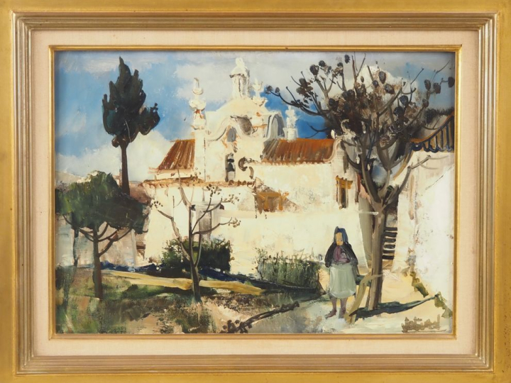 Pierre JUTAND.  "Jeune femme devant une église en Espagne" Huile sur t