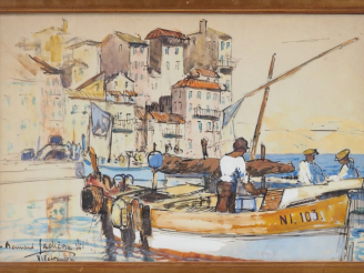 Vente aux enchères Bernard LACHEVRE.  "Le port de Villefranche sur mer" Aquarelle gouaché