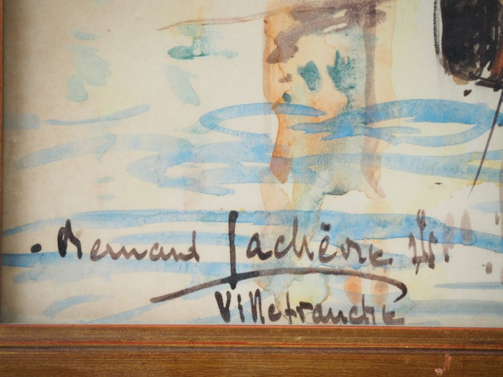 Bernard LACHEVRE.  "Le port de Villefranche sur mer" Aquarelle gouaché