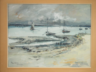 Vente aux enchères LAVOINE.  "banc de vase à Honfleur" Gouache, signée en bas à droite Di