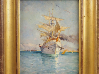 Vente aux enchères Frédéric MONTENARD. "le yacht" Huile sur toile, signée au crayon sur l