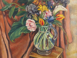 Vente aux enchères NOYELLE.  "bouquet de fleurs dans une carafe"  Huile sur toile. Dim. 9