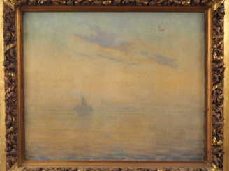 Vente aux enchères M. ORLIAC.  "Marine au soleil levant" Huile sur toile, signée en bas à