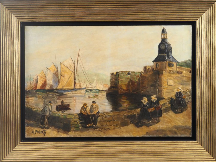 A. PRIVAT.  "Le port breton"  Huile sur toile, signée en bas à gauche.