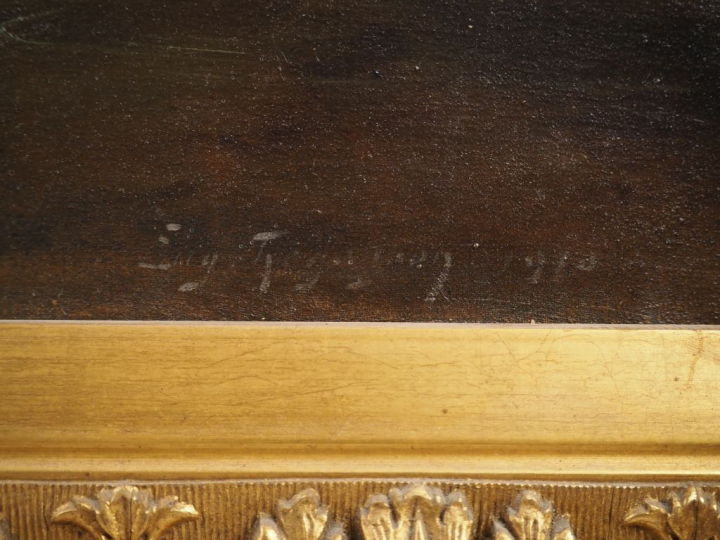 Eugène REGAGNON. "la maison au bord du torrent" Grande huile sur toile