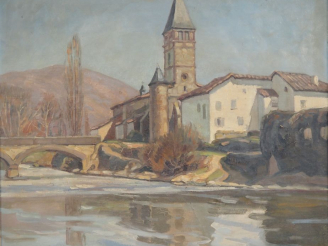 Vente aux enchères Jean RIGAUD.  "St Etienne de Baigorry" Huile sur toile, signée en bas 