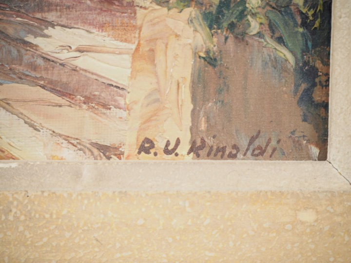 Hervé RINALDI.  "Ruelle animée à Villefranche de Conflens"  Huile sur 