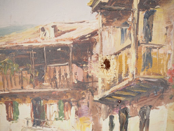 Hervé RINALDI.  "Ruelle animée à Villefranche de Conflens"  Huile sur 