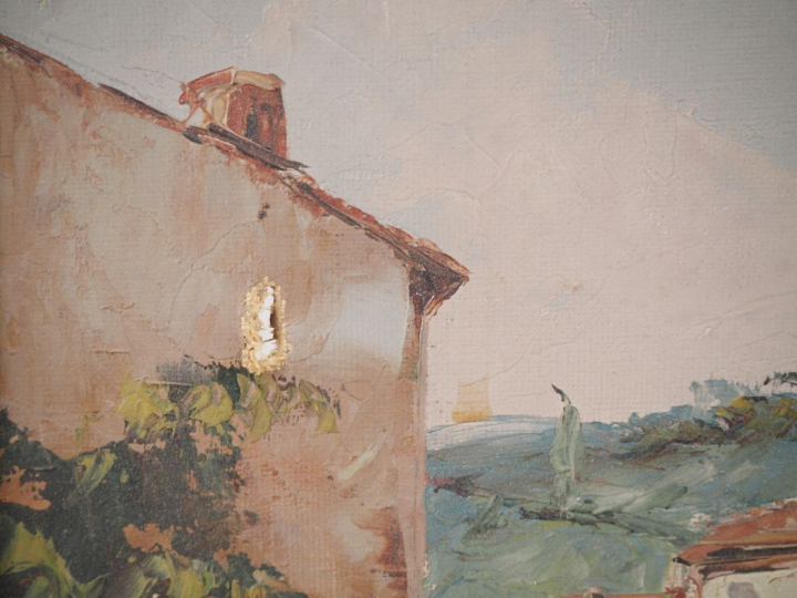 Hervé RINALDI.  "Ruelle animée à Villefranche de Conflens"  Huile sur 