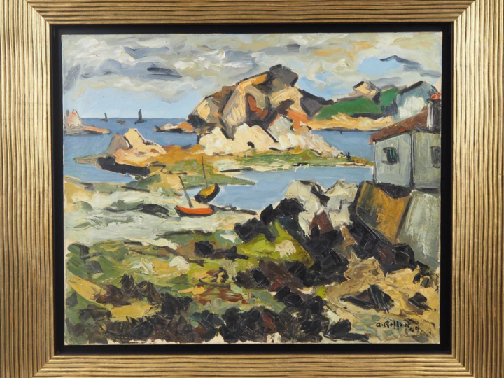 A. ROLLIN.   "Paysage de bord de mer" Huile sur toile, signée en bas à