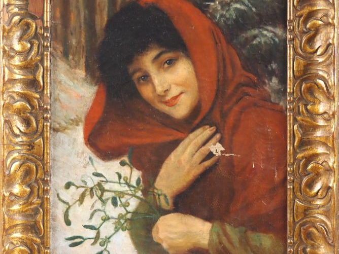 Marcelle André RONDENAY.  "jeune fille au branchage de guis" Huile sur