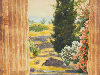 Vente aux enchères A. VIGNOLES.  "Paestum, lumière du soir" Huile sur toile, signée en ba