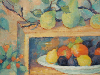 Vente aux enchères A. VIGNOLLES.  "Coin d'étagère". Huile siur toile, signée en bas à dro