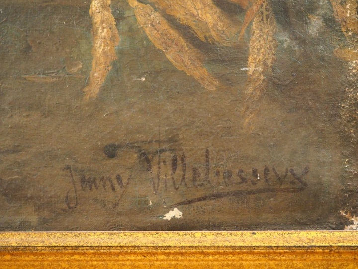 Jenny VILLEBESSEYX. "Grande nature morte" Huile sur toile, signée en b